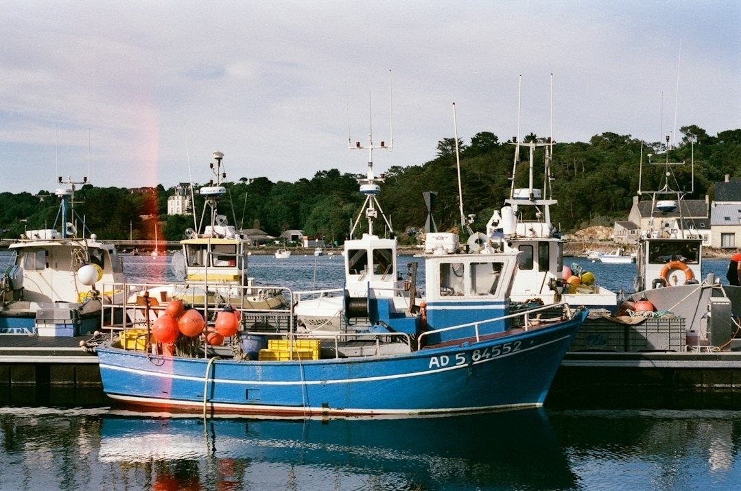 Bateaux de pêche amarrés dans un port breton, dont un bateau bleu
